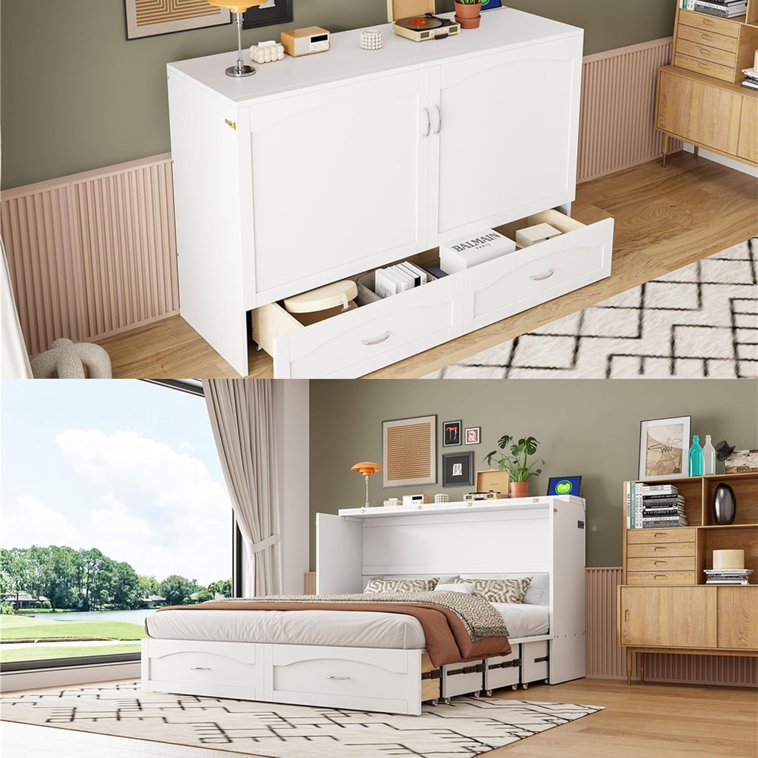Queen Size Murphy Bed Wall Bed with Storage Drawer and a Set of Sockets & USB Ports, Space-Saving for Multipurpose Guest Room or Home Office, White