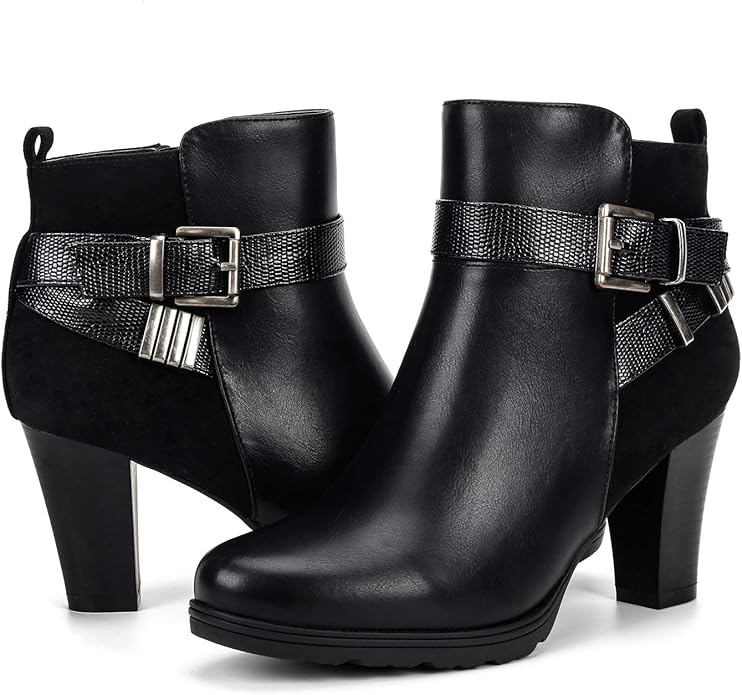 mysoft Women's Zipper Booties Chunky Stacked Heel Ankle Boots Buckle Strap Ankle