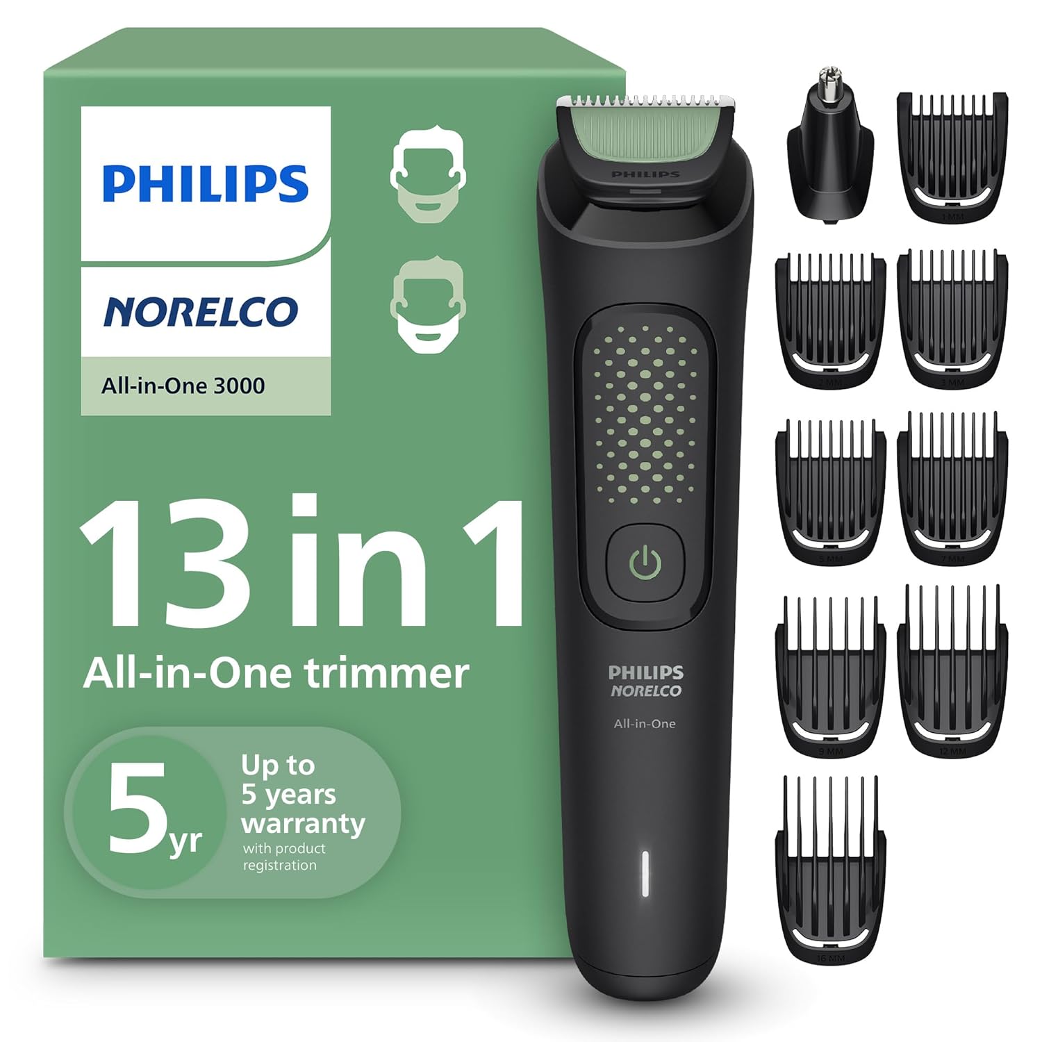 Norelco Philips All-in-One 3000 Series 13 in 1 Trimmer, Beard Styler & Men's Hair Clipper, 9 Length Settings & Self-Sharpening Skin-Friendly Blades, MG3919/50