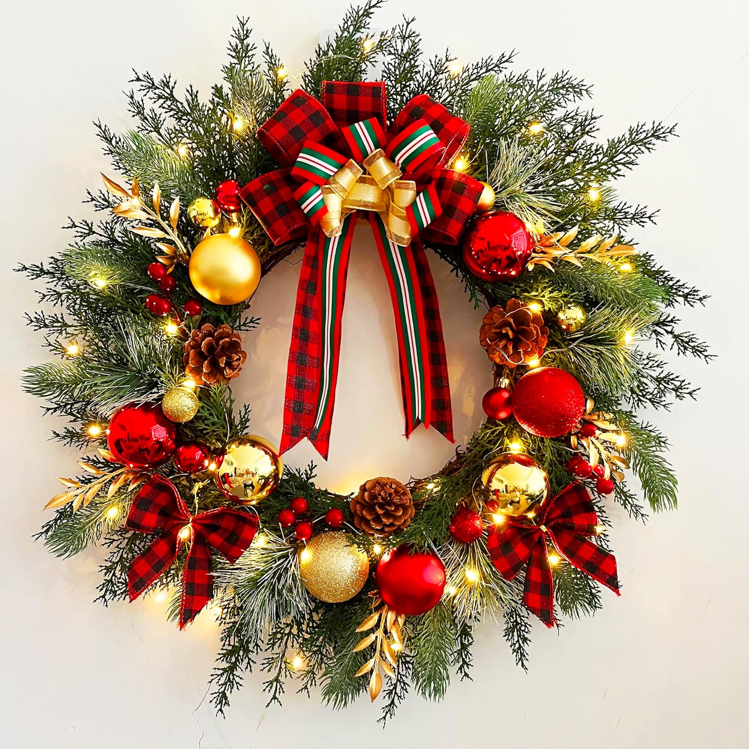 TOKCARE Christmas Wreath with Lights 20Inch Pre-Lit Christmas Door Wreath for Front Door with Red Plaid Bow and Ball Ornaments, Battery Operated Timer 40 LED Lights, Decoration for Fireplace Xmas