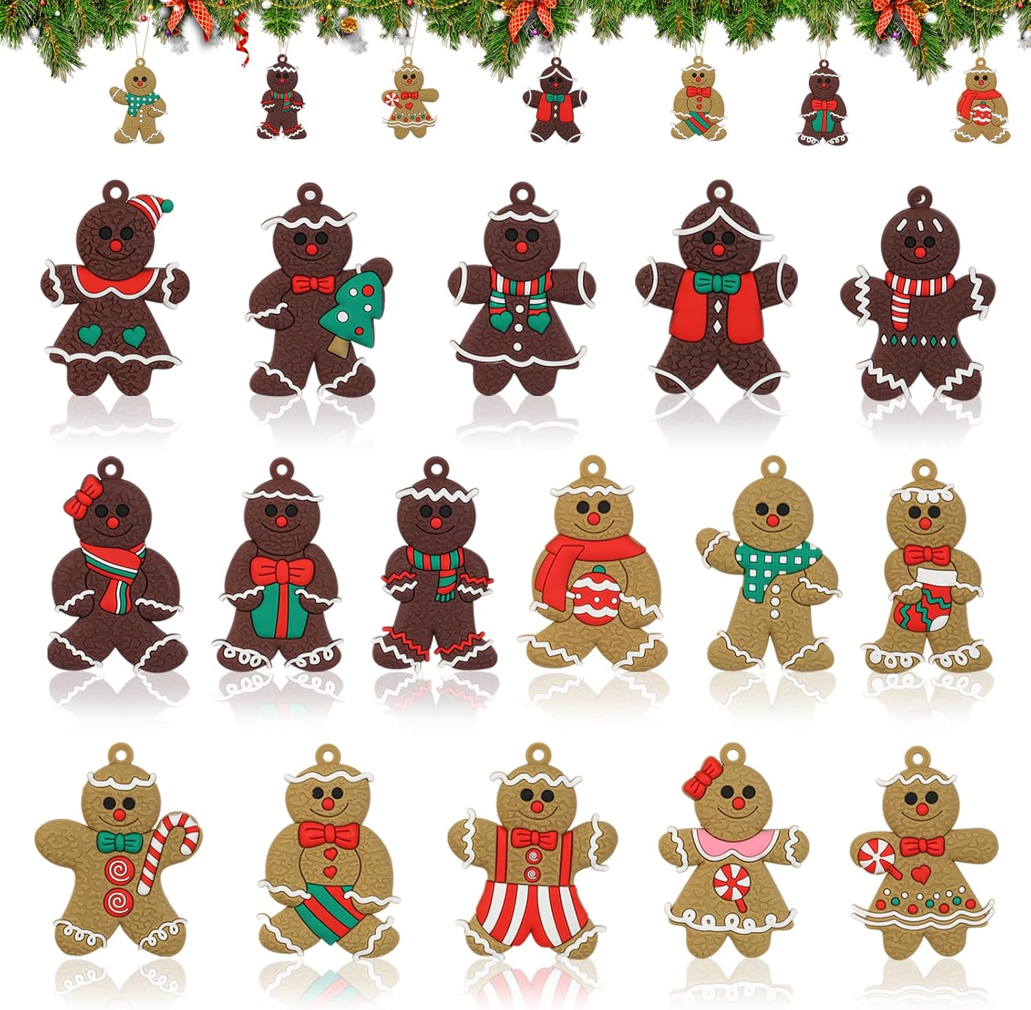 16 Pcs Gingerbread Man Ornaments for Christmas Tree, Soft Silicone Christmas Decorations, 3 Inch Adorable Gingerbread Figurines for Xmas Tree Hanging Decor, Gift Tags &