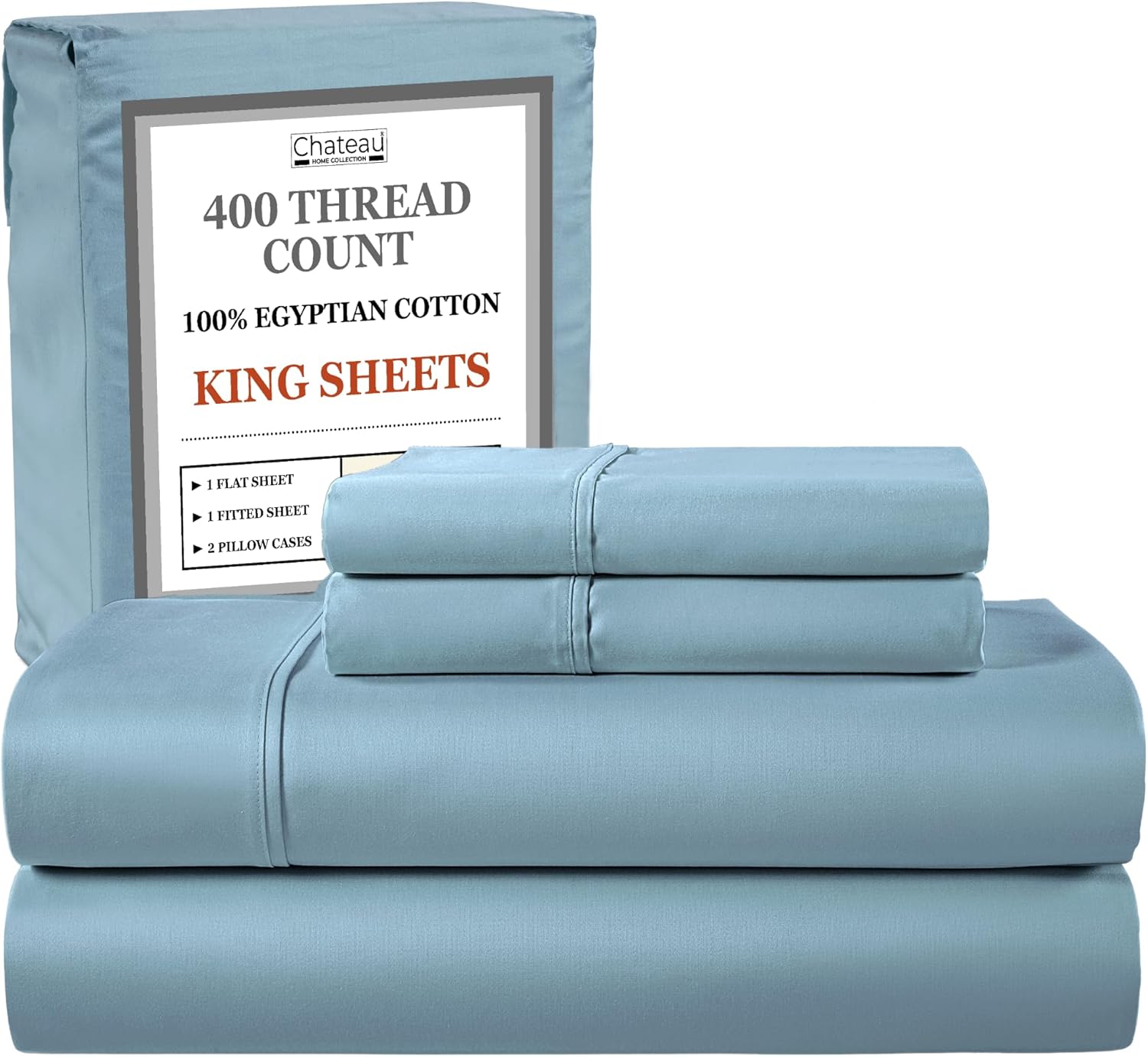 100% Cotton Sheets For King Size Bed, Certified 400 Tc Deep Pocket King Sheet Set, Elasticated Sheet & Pillowcase Sets, No Pill & Shrink, Soft & Comfy Naturally Cool & Breathable- French Blue