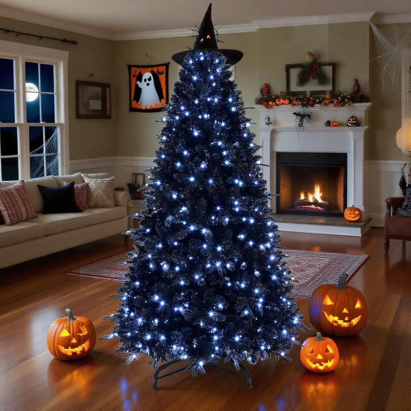 5ft Prelit Black Christmas Tree with 250 Lights, Artificial Fake Christmas Tree with 1076 PE&PVC Branch Tips, Halloween and Xmas Tree for Holiday Decorations, Metal Stand and Hinged Branches