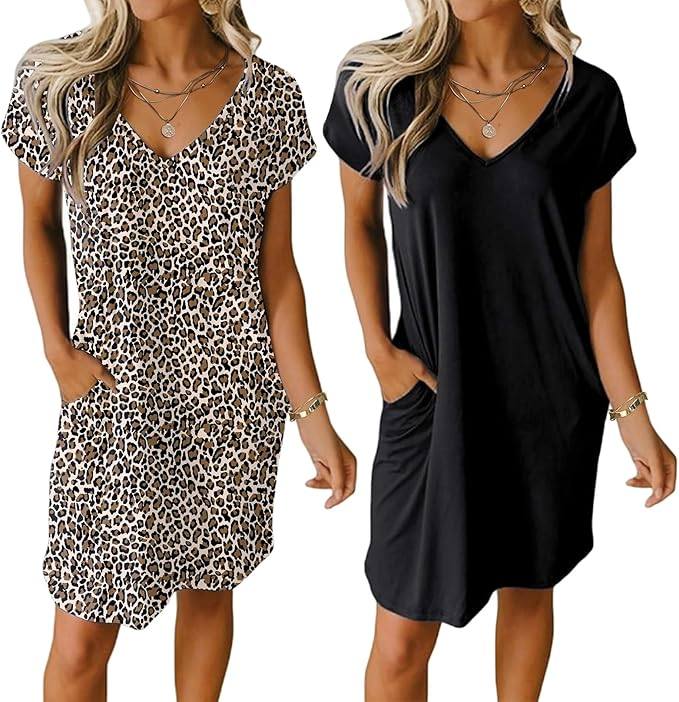 Ekouaer Womens 2 Pack Nightgown V Neck Sleepshirt Short Sleeve Nightshirt Plain/Floral Pajama Dress with Pockets