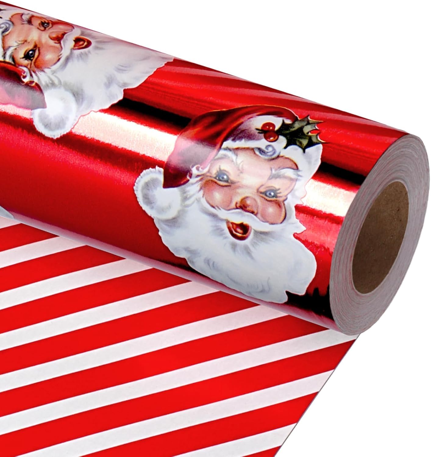 LaRibbons Vintage Santa Christmas Wrapping Paper Roll – Double-Sided Foil Gift Wrap with Candy Cane Stripes, Holiday Wrapping Paper for Xmas Presents & Decorations, 17 Inch × 33 Feet