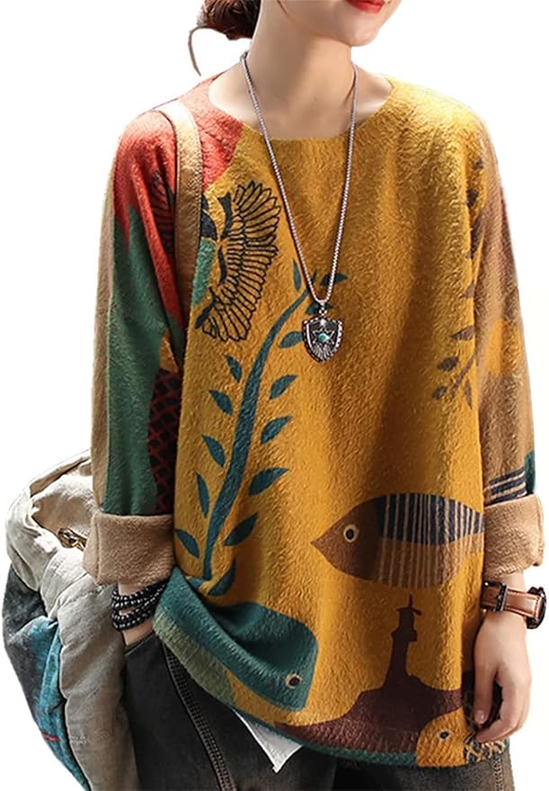 YESNO Women Christmas Sweater Graphic Printed Oversized Pullover Sweaters Casual Loose Knit Tops S01.