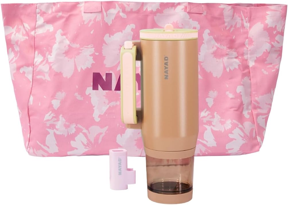 NAYAD 22 oz Flip Straw Tumbler with Handle & 10oz Snack Container Insulated Stainless Steel Water Bottle with Foldable Handle Dual Lids for Travel Gym Car Daily Use (Light brown)