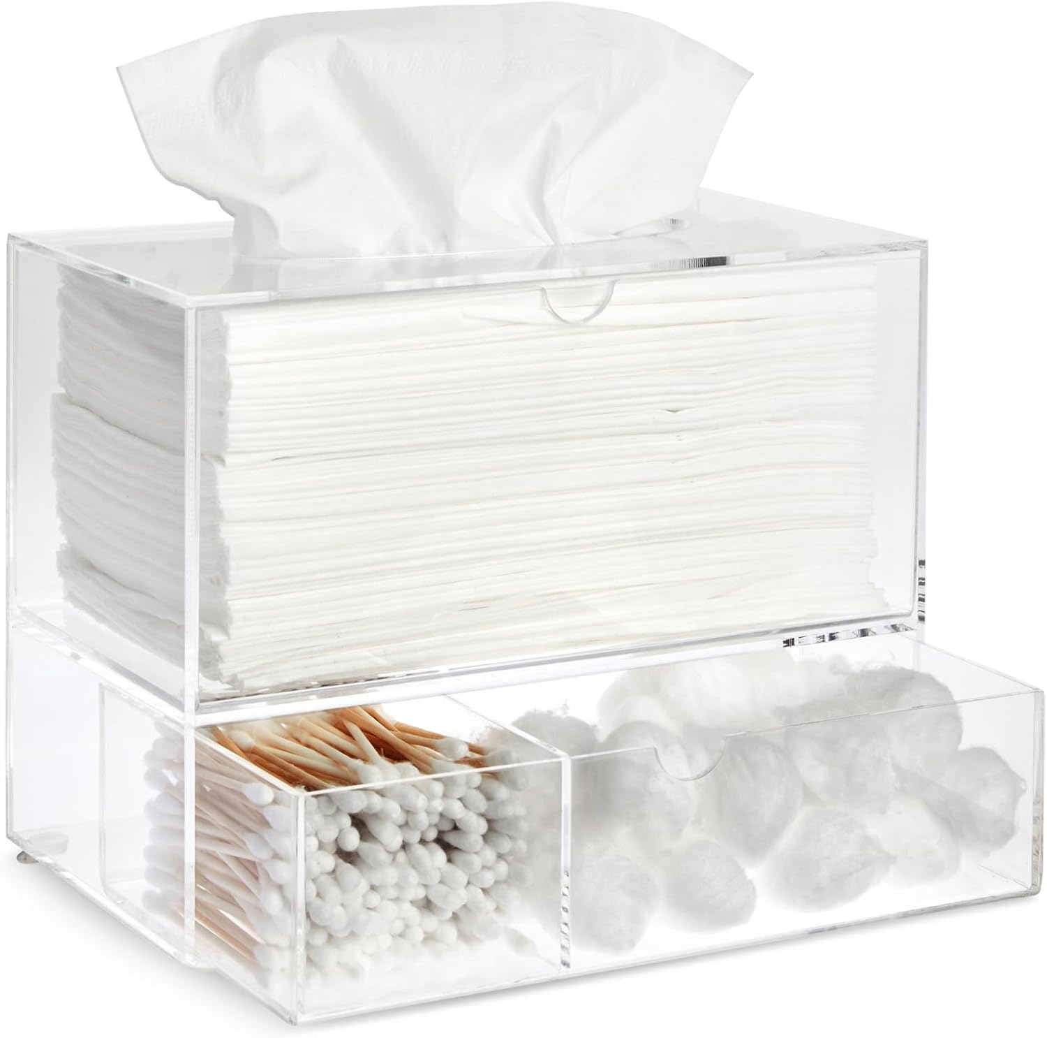 Juvale Tissue Box Cover Rectangle & Clear Tissue Box Holder - 9.3 x 7 x 5 in - Pull-Out Drawer & 3 Compartments - Bathroom Organizer & Vanity Caddy